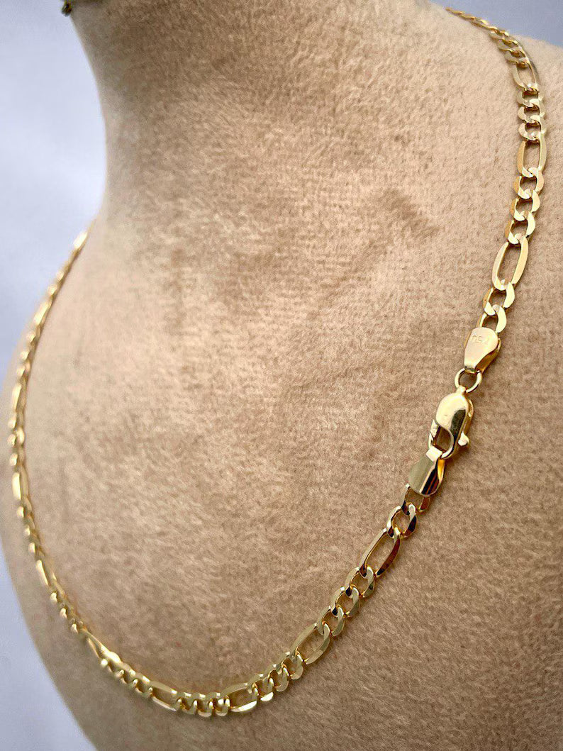 18K Solid Gold Figaro Necklace Chain, Real Solid Gold,( 3.5mm width),Heavy Necklace Chain, Gift For Her/Him!