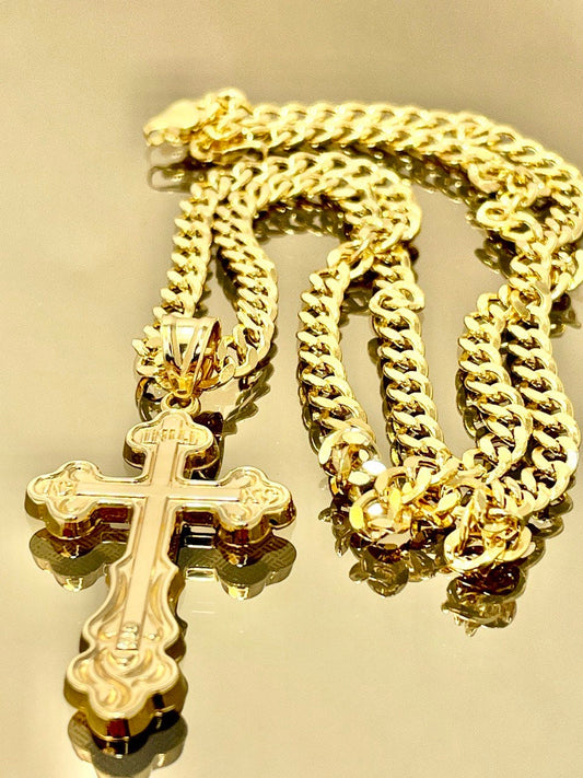 18K GOLD CROSS NECKLACE Real Solid Gold Curb Chain4.5mmThick,Real Gold,Birthday Gift,Christmas Gift,For Him/Her,Gift For Mom,Boyfriend Gift.