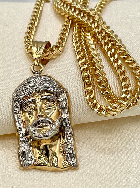 18K GOLD JESUS(1.5")NECKLACE,Franco(3.5mm),Solid Gold,Real Gold,For Her,For Him,Birthday Gift,Christmas Gift,Partner Gift,Gift For Dad.