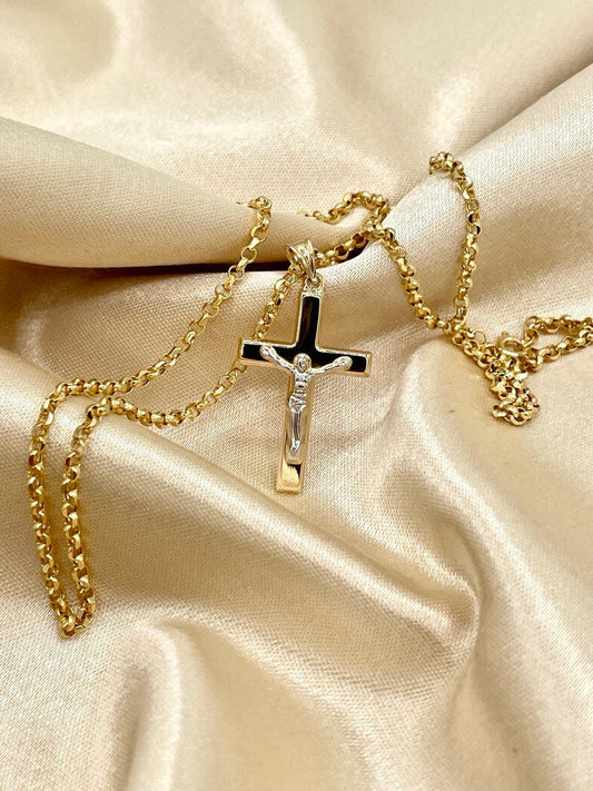 18K GOLD CROSS(1.5")NECKLACE Chain,Rolo(2.3mm),Solid Gold,Real Gold,Crucifix Necklace,Jesus Cross Necklace,Necklace Set,For Her,For Him.
