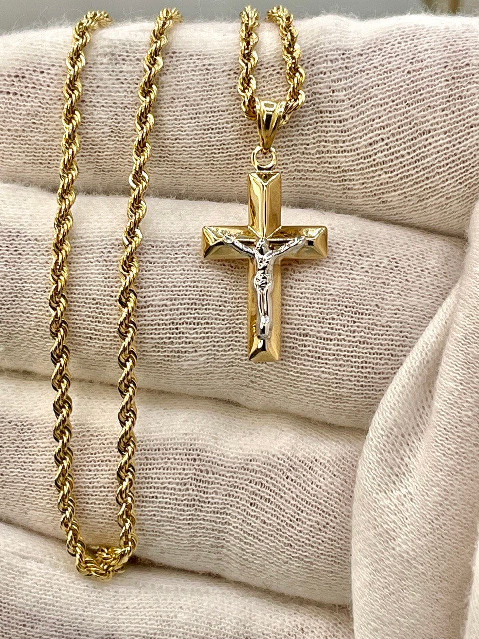18K GOLD CROSS1" NECKLACE,Rope Chain,Real Gold,Jesus Cross,Crucifix Necklace,Birthday Gift,Partner Gift,For Her,For Him,Christmas Gift.