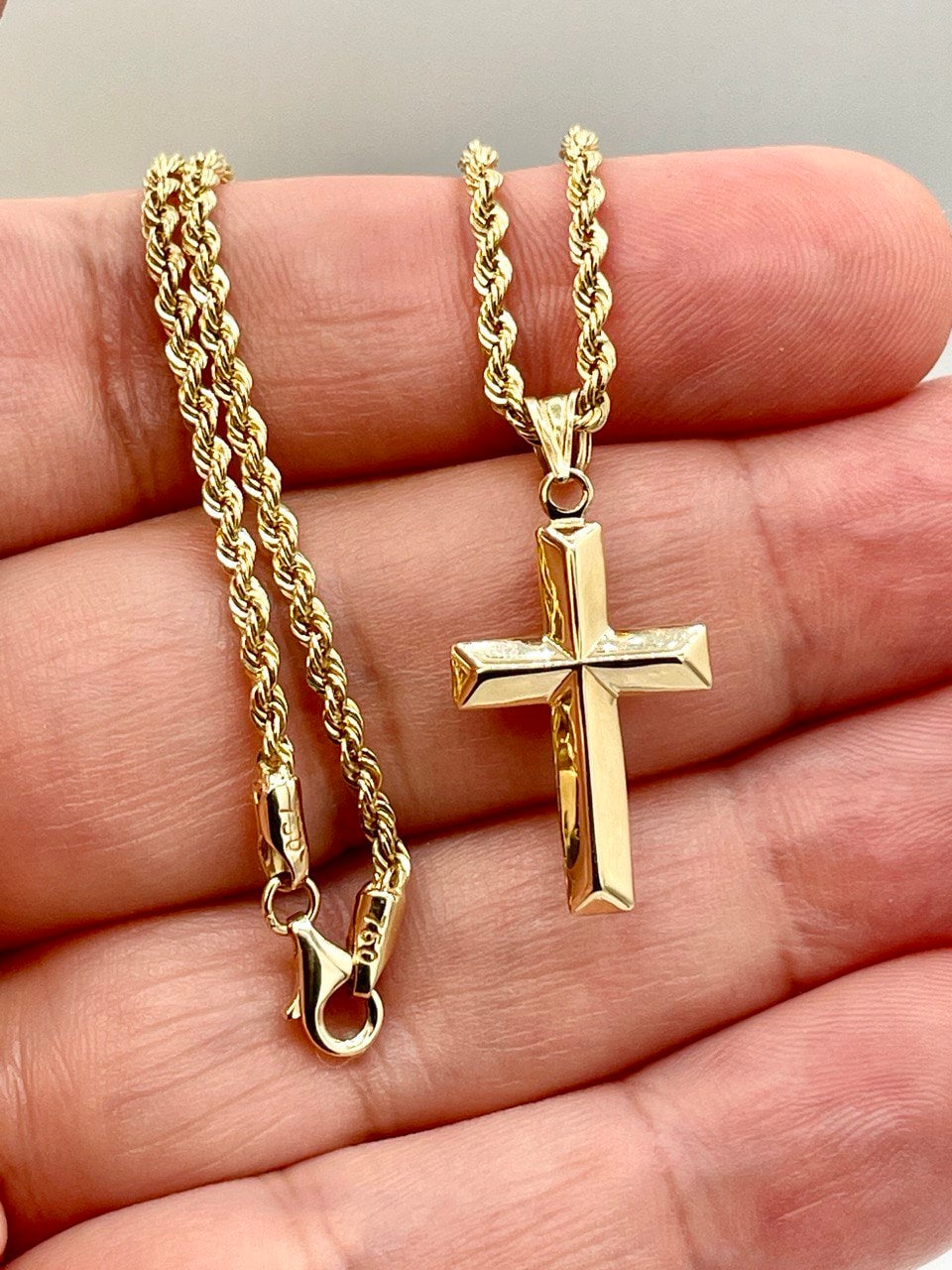 18K GOLD CROSS1" NECKLACE,Rope Chain,Real Gold,Jesus Cross,Crucifix Necklace,Birthday Gift,Partner Gift,For Her,For Him,Christmas Gift.