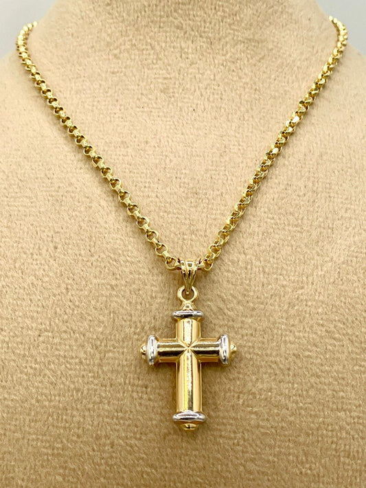 18K GOLD CROSS(1") NECKLACE,Rolo Necklace,Real Gold,Yellow Gold,Birthday Gift,Partner Gift,For Her,For Him,Christmas Gift,Gift For Dad.