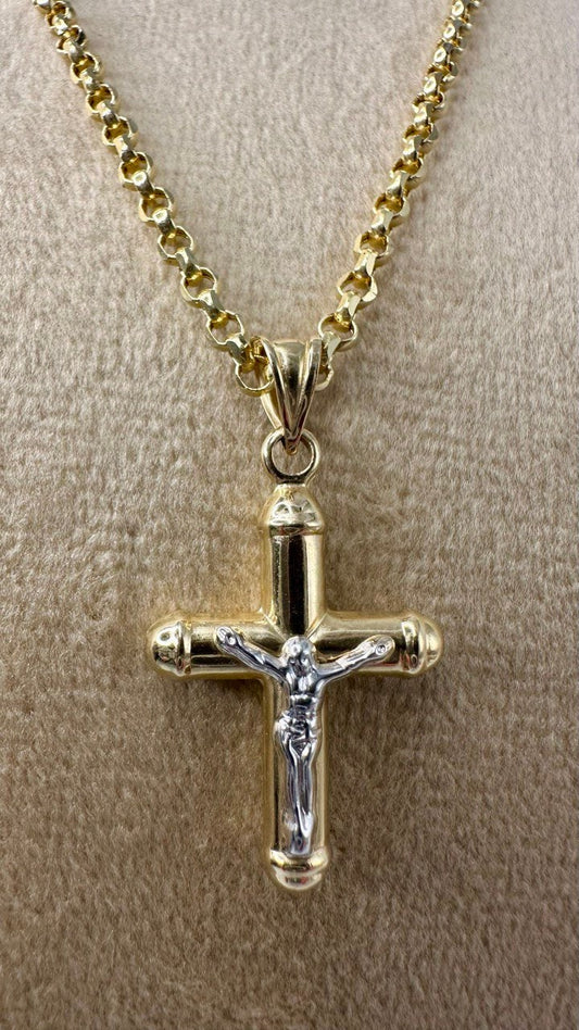 18K GOLD CROSS(1") NECKLACE,Rolo Chain Necklace,Real Gold,Jesus Cross,Crucifix Necklace,Diamond Cut Rolo,Partner Gift,Birthday Gift,For Her.