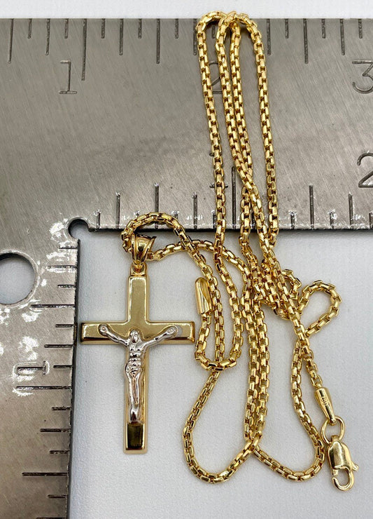 18K Gold Cross Necklace,Real Gold,Solid Necklace Gold,Crusifix Necklace,Jesus Cross,Round Box Necklace,Birthday Gift,Gift For Men/Women.