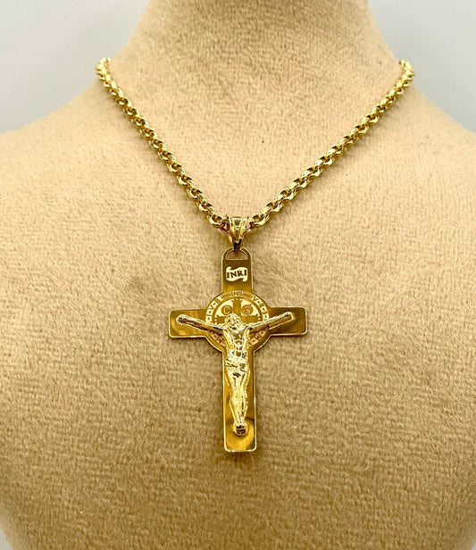 18 Karat Gold Cross(1.65"*1")Necklace,Crucifix Necklace,Cross Jesus,Real 18Karat Gold,Solid Gold,Rolo Diamond Cut,Heavy Cross,For Men/Women.