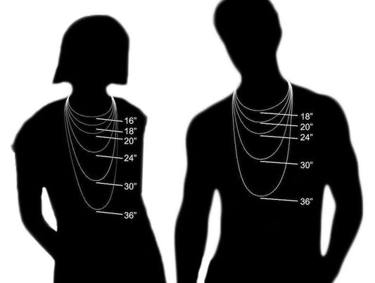 Silhouettes of a man and a woman with necklaces of different lengths labeled on a white background.