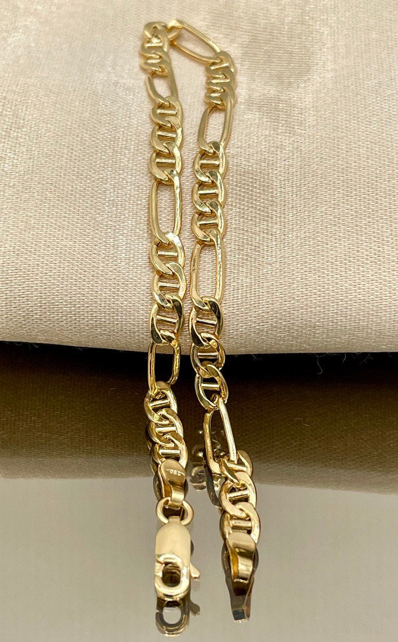 18k Solid Gold Figaro Bracelet, Yellow 18K Gold Figaro Links Bracelet,4.2MM Thick Real Gold Figaro Bracelet for Men/Women,Gifts for Him/Her!