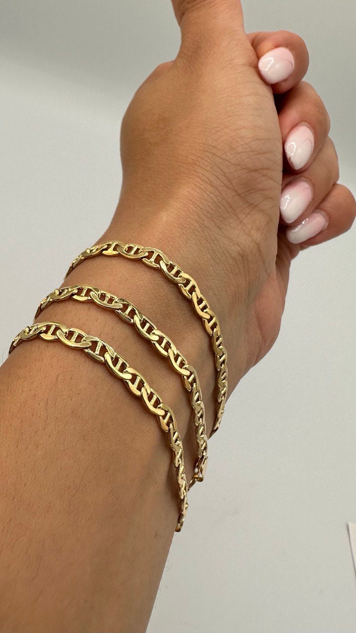 14K Solid Gold Anchor Bracelet Chain,Real 14K Diamond-cut Gold FLAT Anchor Link Bracelet,4.5mm Thick 7" Lengths Anchor Bracelet Men/Women!