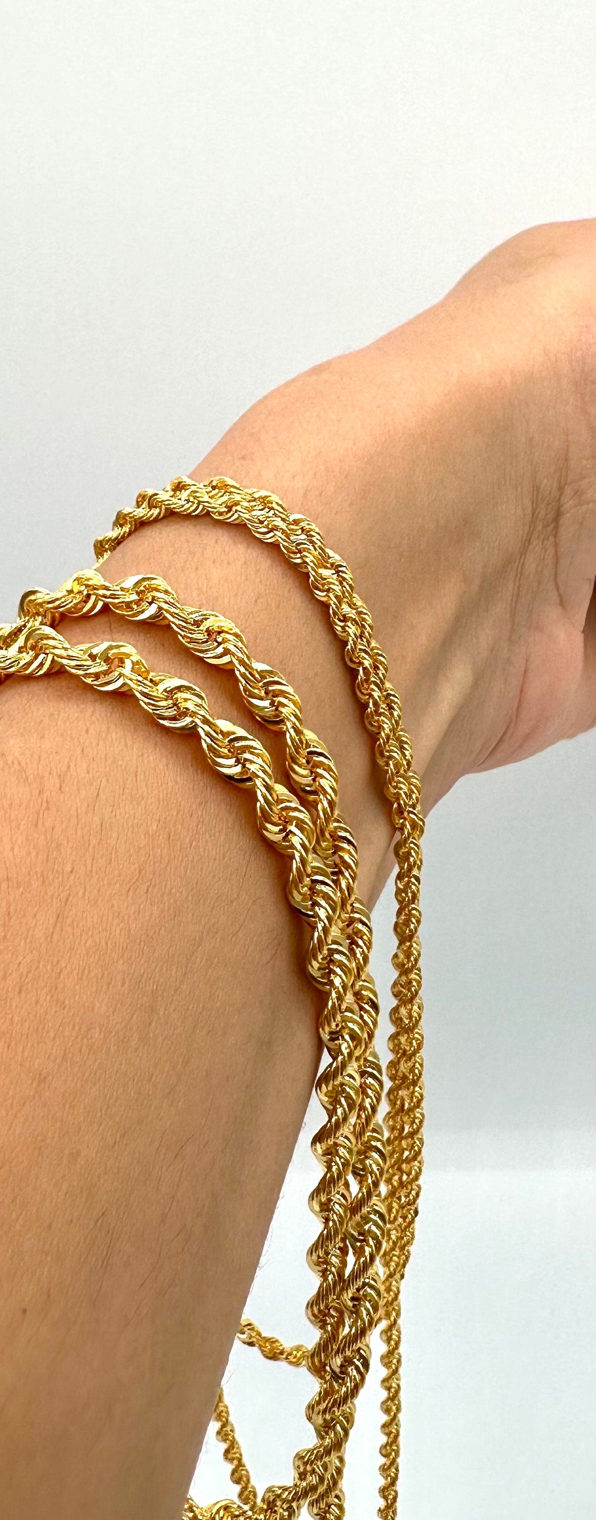 14K Solid Gold Rope Chain Necklace, 14K Yellow Solid Gold Rope Chain, Diamond-cut 2.5mm-4.5mm Thick 20"- 26" Lengths Genuine Gold Chain!