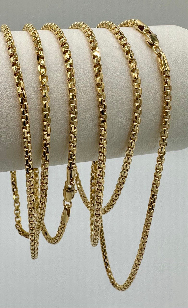 14K Solid Gold Box Chain Necklace, Real 14K Gold Round Box Link Gold Chain, 2.5mmThick _16" to 26", Genuine Solid Gold Chain for Men/Women!