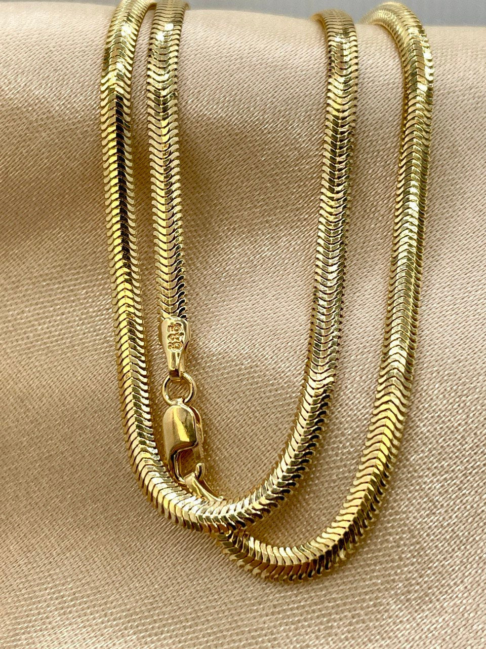14K Solid Gold Snake Herringbone Necklace, Real 14K Yellow Gold Herringbone Chain, 3 MM Width, Solid Gold Chain for Women, Gorgeous Gift!
