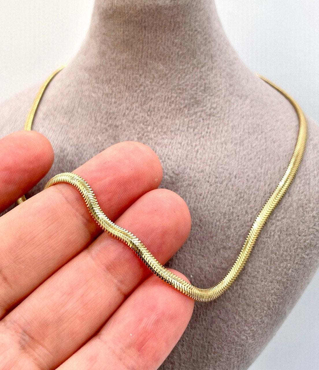 14K Solid Gold Snake Herringbone Necklace, Real 14K Yellow Gold Herringbone Chain, 3 MM Width, Solid Gold Chain for Women, Gorgeous Gift!