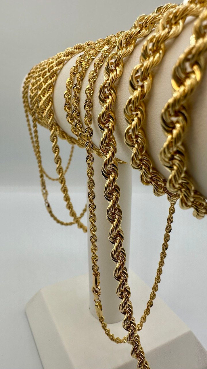 18K Solid Gold Rope Chain Necklace, Real 18K Yellow Gold Rope Link Chain, Diamond-Cut 2mm-5mm, 18"-24", Solid Gold Chain for Men & Women!