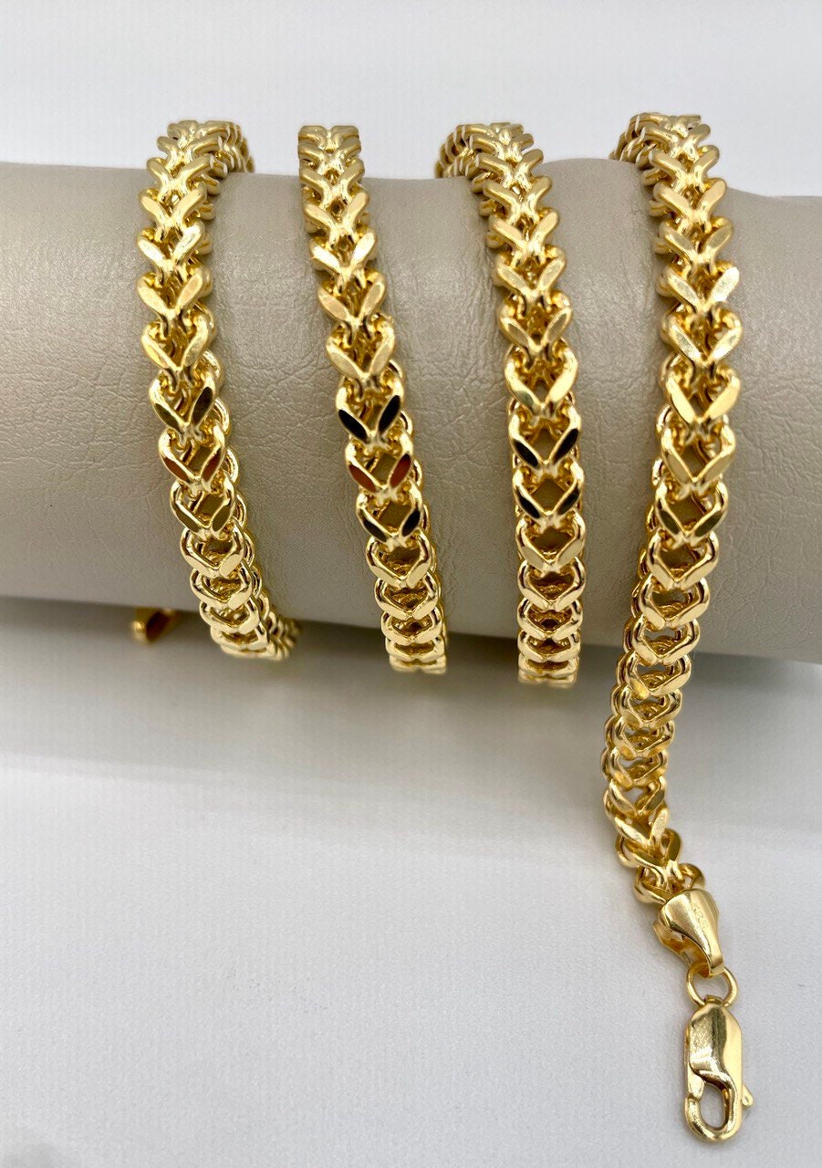 14K Solid Gold Franco Chain Necklace,Real 14K Gold Wheat Foxtail Chain, 5.5mm_20 to 26 inches Solid Gold Chain for Him/Her,Birthday Gift!