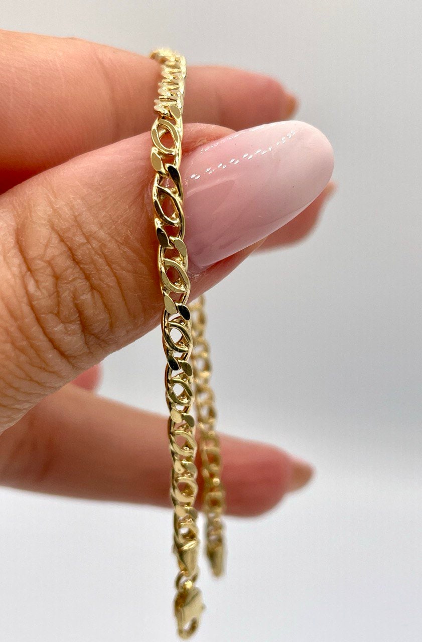 14K Gold Cable Bracelet,Tiger eye,Real Solid Gold,Tiger eye Link Bracelet,3.5mmThick,7.5" Length,Diamond Cut,Birthday Gift Men/Women!