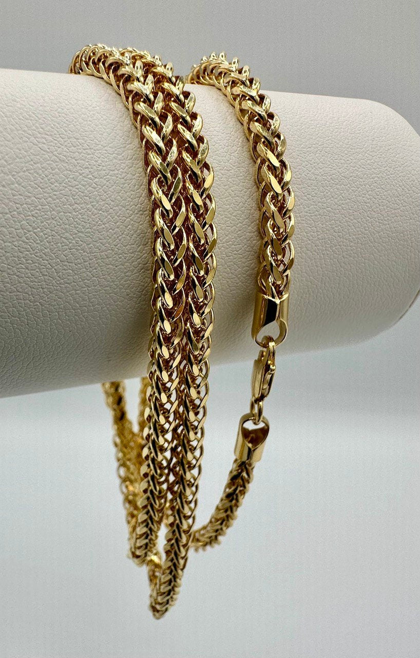 14K Solid Gold Franco/Foxtail Chain, Real 14K Gold Franco Wheat Chain,4 mm, 20"- 25.6", Solid Gold Chain for Men & Women, Birthday Gift!