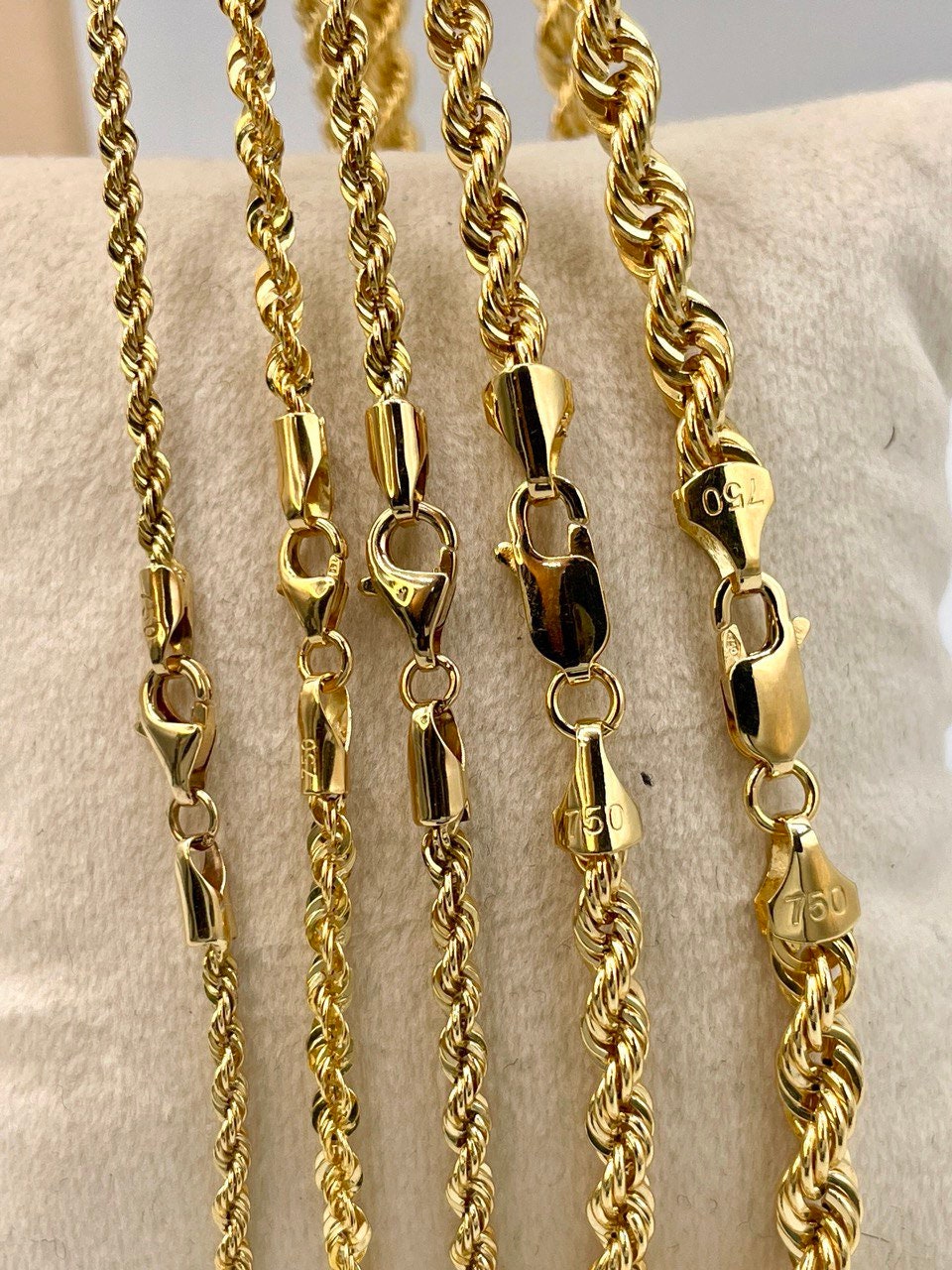 18K Solid Gold Rope Chain Necklace, Real 18K Yellow Gold Rope Link Chain, Diamond-Cut 2mm-5mm, 18"-24", Solid Gold Chain for Men & Women!