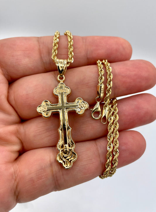 Solid 18K Cross Necklace Gold,Solid Rope Chain Necklace,Real 18k Gold,Birthday Gift,Gift For Men/Women.