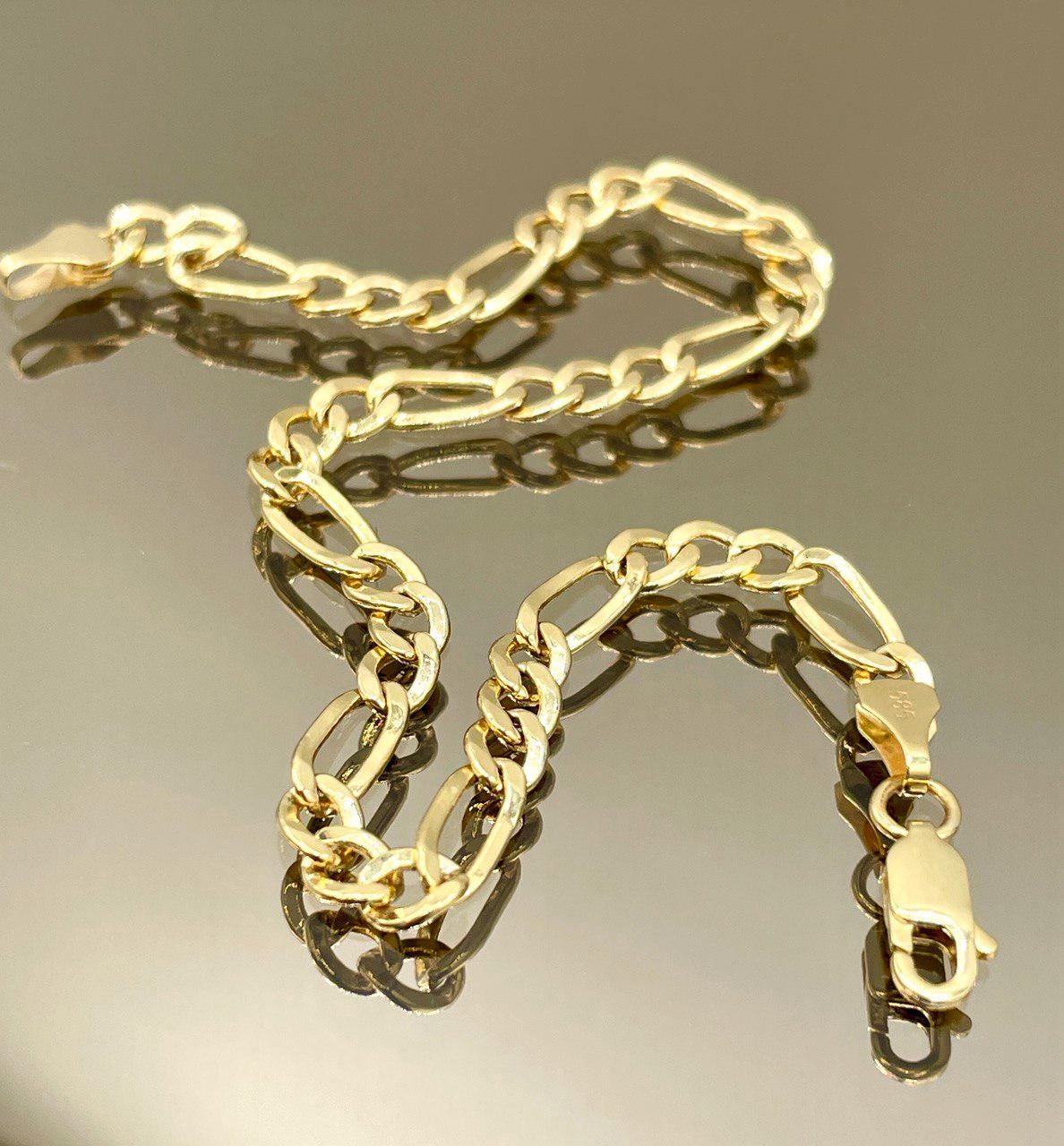 Solid 14K Gold Figaro Bracelet,Yellow 14K Gold Figaro Links Bracelet,4.5MM Thick Real Gold Figaro Bracelet for Men/Women, Gifts for Him/Her!