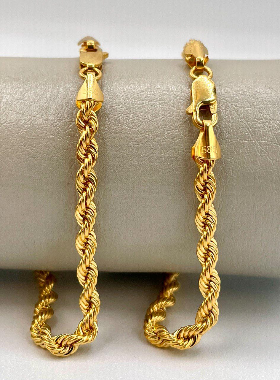 14K Solid Gold Rope Chain Bracelet, Yellow 14K Rope Bracelet Thick (4MM) for Men & Women, 14K Pure Gold, 7.5" Length, Birthday Gift!