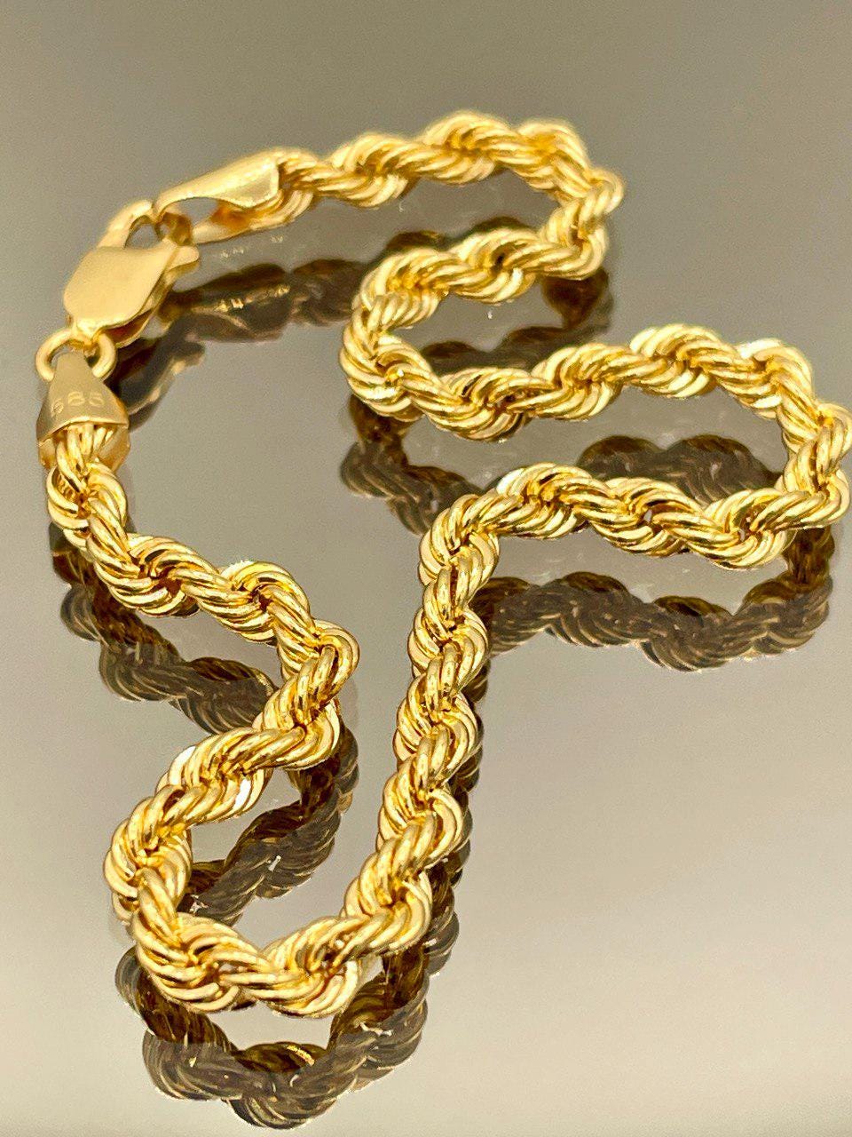 14K Solid Gold Rope Chain Bracelet, Yellow 14K Rope Bracelet Thick (4MM) for Men & Women, 14K Pure Gold, 7.5" Length, Birthday Gift!
