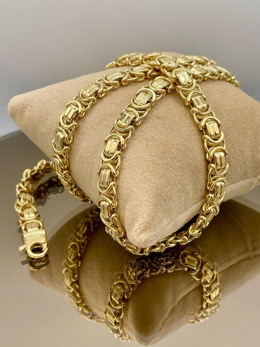 14K Solid Gold Byzantine Chain Necklace, 8mm- 25.5" 14K Solid Gold Links Byzantine King Necklace,Real 14K Yellow Gold Luxury Chain Necklace!