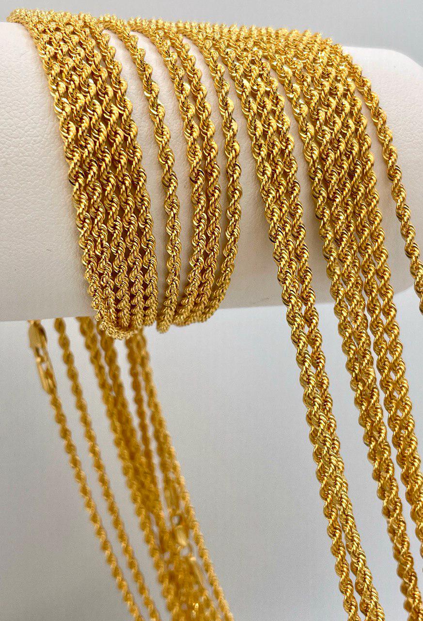 14K Yellow Gold Rope Chain Diamond cut Necklace, 25.5" - 29.5"Length , 2mm Thickness For Her/Him