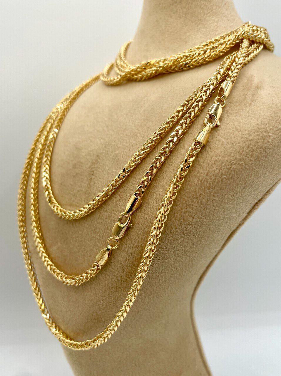 18K Solid Gold Franco Chain Necklace, Real 18K Gold Wheat Foxtail Chain, 3 mm_22"- 26" Real Gold Chain for Men/Woman, Gift For Her/Him!