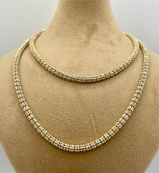 18K Solid Gold Ice Chain Necklace, 18K Yellow and White Gold Round Ice Chain, Diamond-cut, 4MM_ 24", Real Gold Chain For Men/Women, Gift!