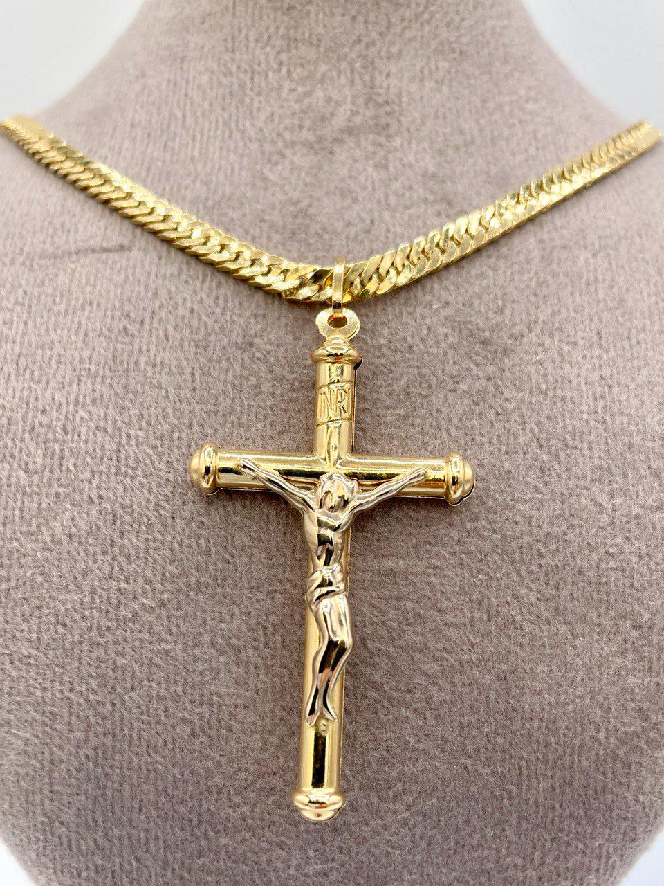 18K Solid Gold Crucifix Cross Necklace, 18K Real Gold Cross Pendant, Curb Chain, Elegant Unisex 18K Solid Gold Cross Necklace for Him/Her!