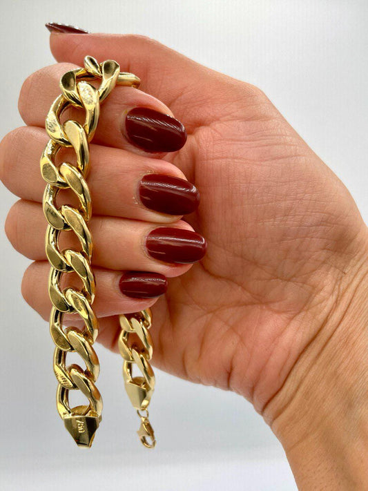 18K Solid Gold Curb Bracelet Chain, Real 18K Gold Miami Cuban Link Bracelet,13 mm thickness Gold Bracelet for Men& Women, Gift for Him/Her!