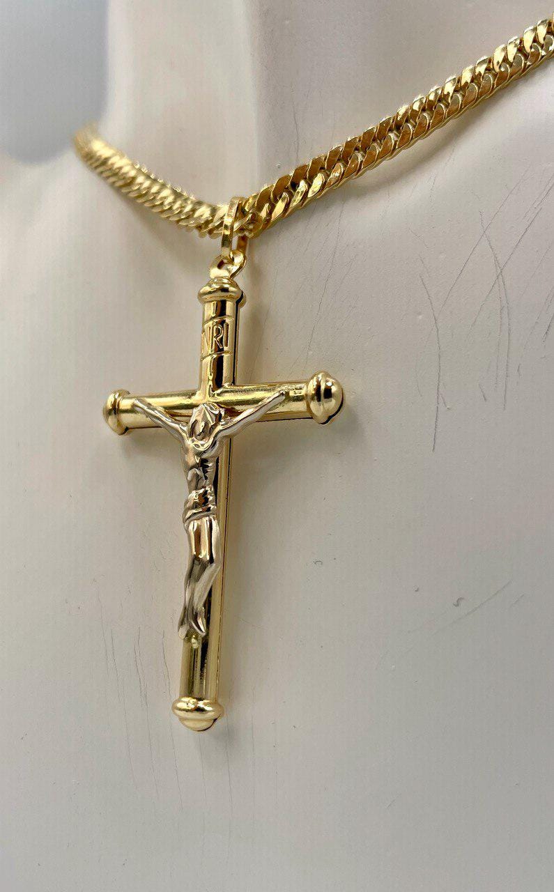 18K Solid Gold Crucifix Cross Necklace, 18K Real Gold Cross Pendant, Curb Chain, Elegant Unisex 18K Solid Gold Cross Necklace for Him/Her!