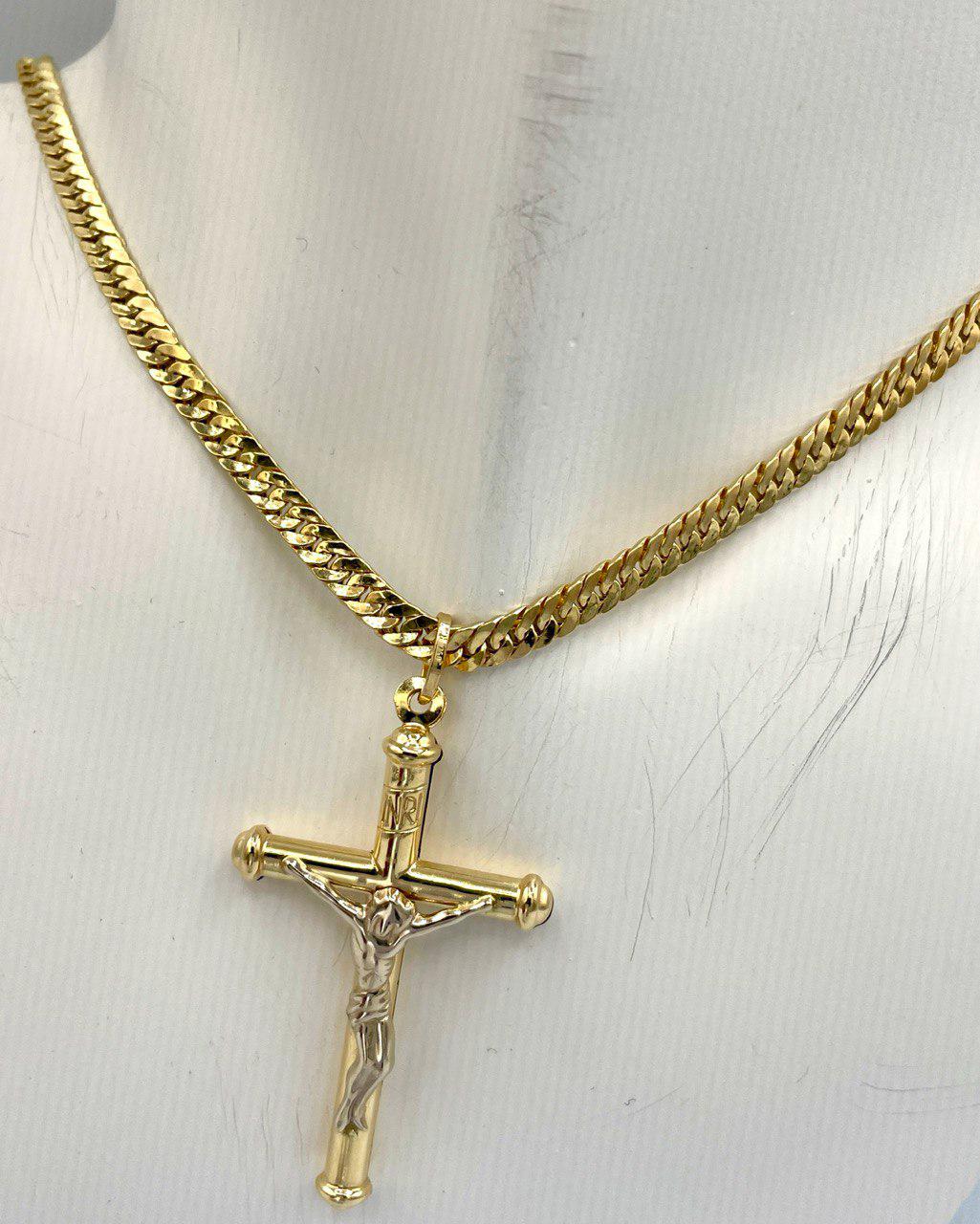 18K Solid Gold Crucifix Cross Necklace, 18K Real Gold Cross Pendant, Curb Chain, Elegant Unisex 18K Solid Gold Cross Necklace for Him/Her!