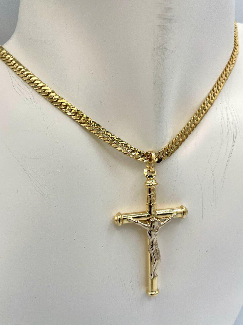 18K Solid Gold Crucifix Cross Necklace, 18K Real Gold Cross Pendant, Curb Chain, Elegant Unisex 18K Solid Gold Cross Necklace for Him/Her!