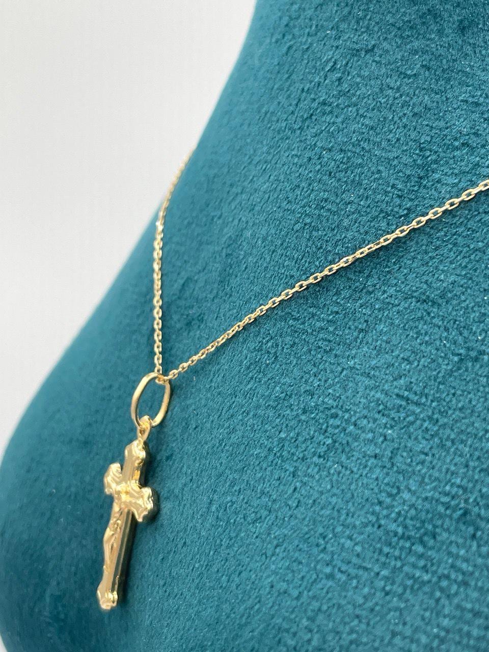 18K Solid Gold Cross Necklace, Real Gold Cable Chain, Dainty Gold Cross Pendant for Men & Women, Everyday Religious Jewelry