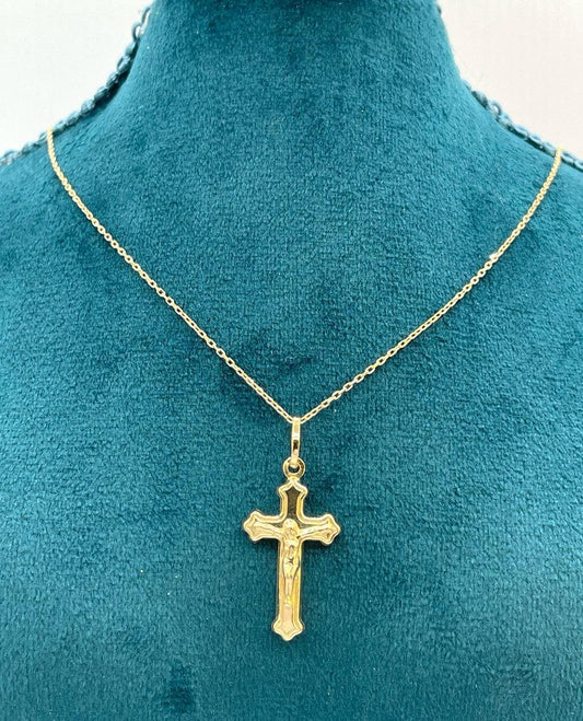 18K Solid Gold Cross Necklace, Real Gold Cable Chain, Dainty Gold Cross Pendant for Men & Women, Everyday Religious Jewelry