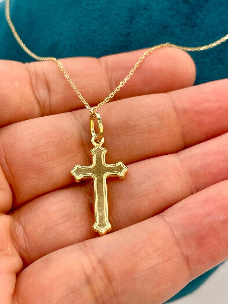 18K Solid Gold Cross Necklace, Real Gold Cable Chain, Dainty Gold Cross Pendant for Men & Women, Everyday Religious Jewelry