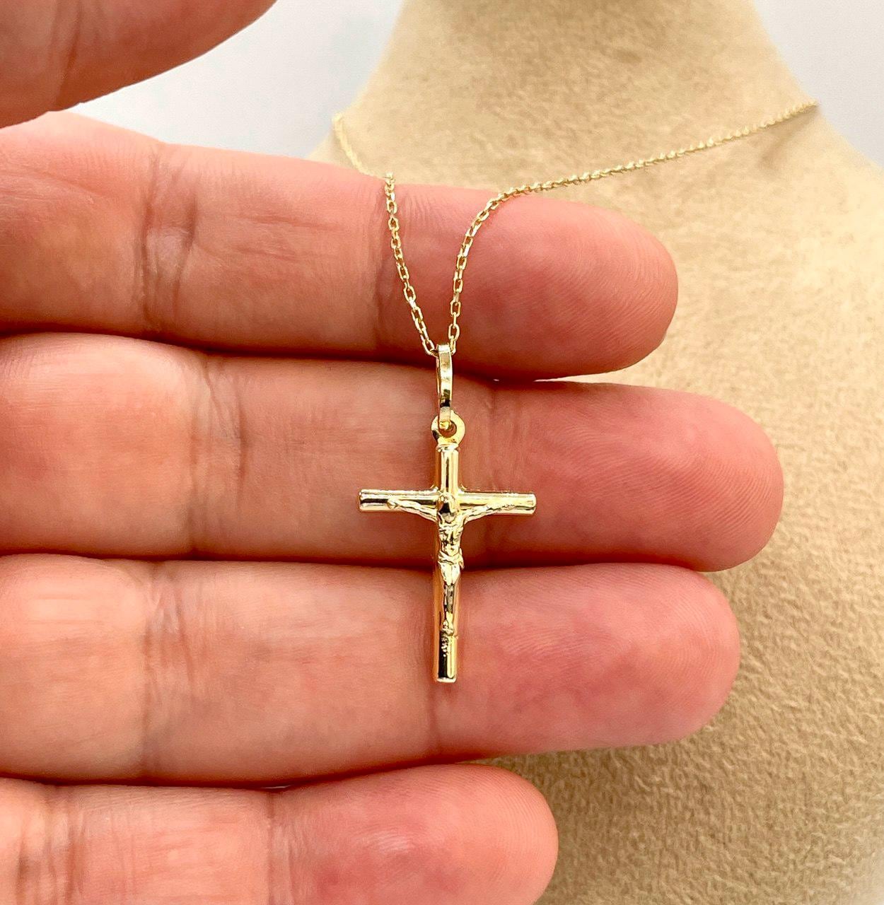 18K Gold Cross Necklace, Crucifix Necklace, Cable Chain Necklace,
