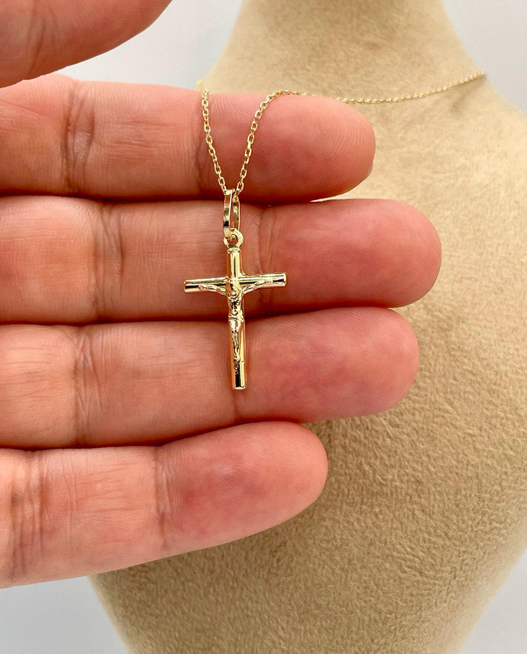 18K Gold Cross Necklace, Crucifix Necklace, Cable Chain Necklace,