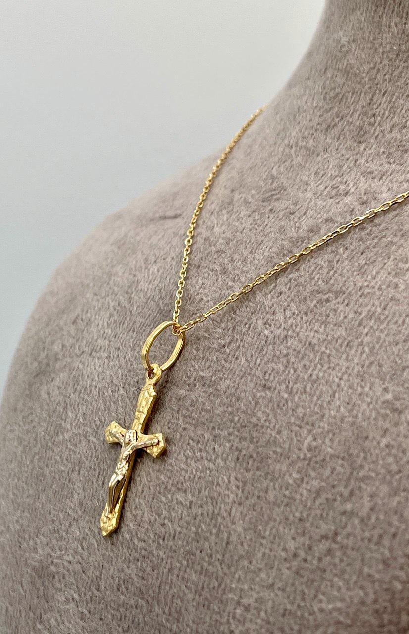 18K Solid Gold Cross and Cable Chain Necklace, Real Gold Crucifix Necklace, Gift For Her/Him Birthday Gift.