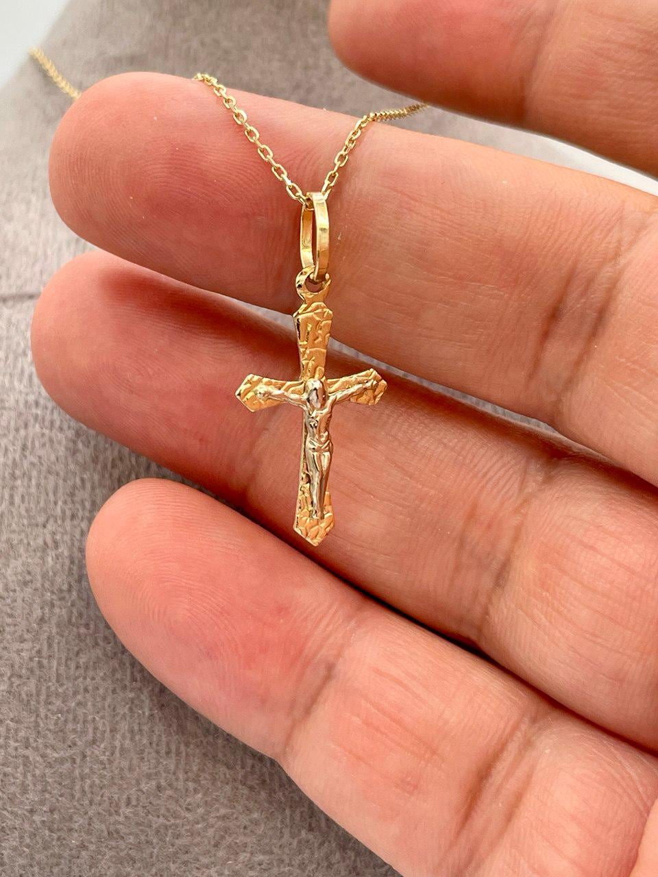 18K Solid Gold Cross and Cable Chain Necklace, Real Gold Crucifix Necklace, Gift For Her/Him Birthday Gift.