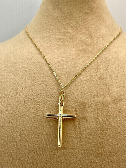 18K Gold Cross Necklace, Crucifix Necklace, Cable Chain Necklace,