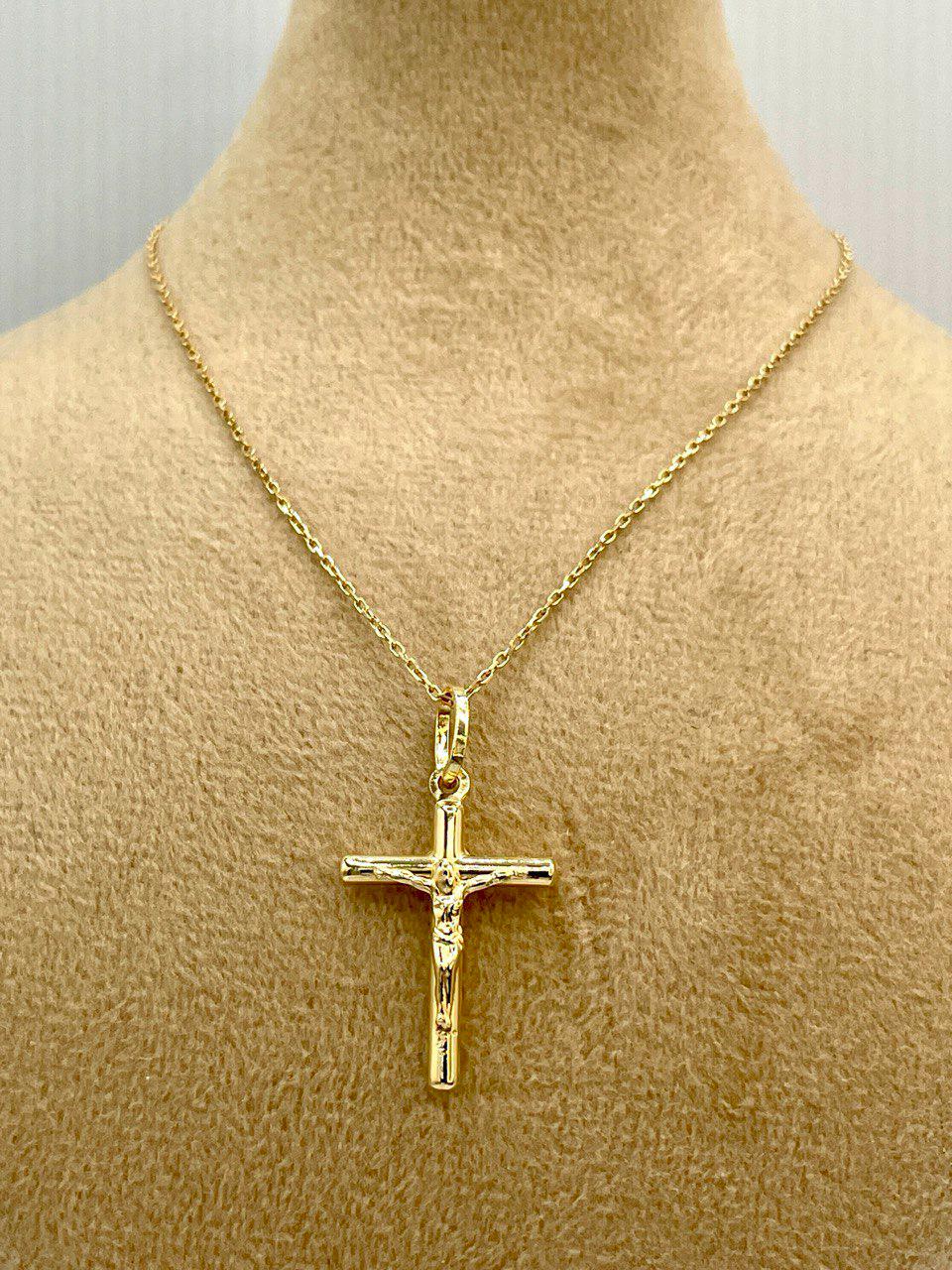 18K Gold Cross Necklace, Crucifix Necklace, Cable Chain Necklace,