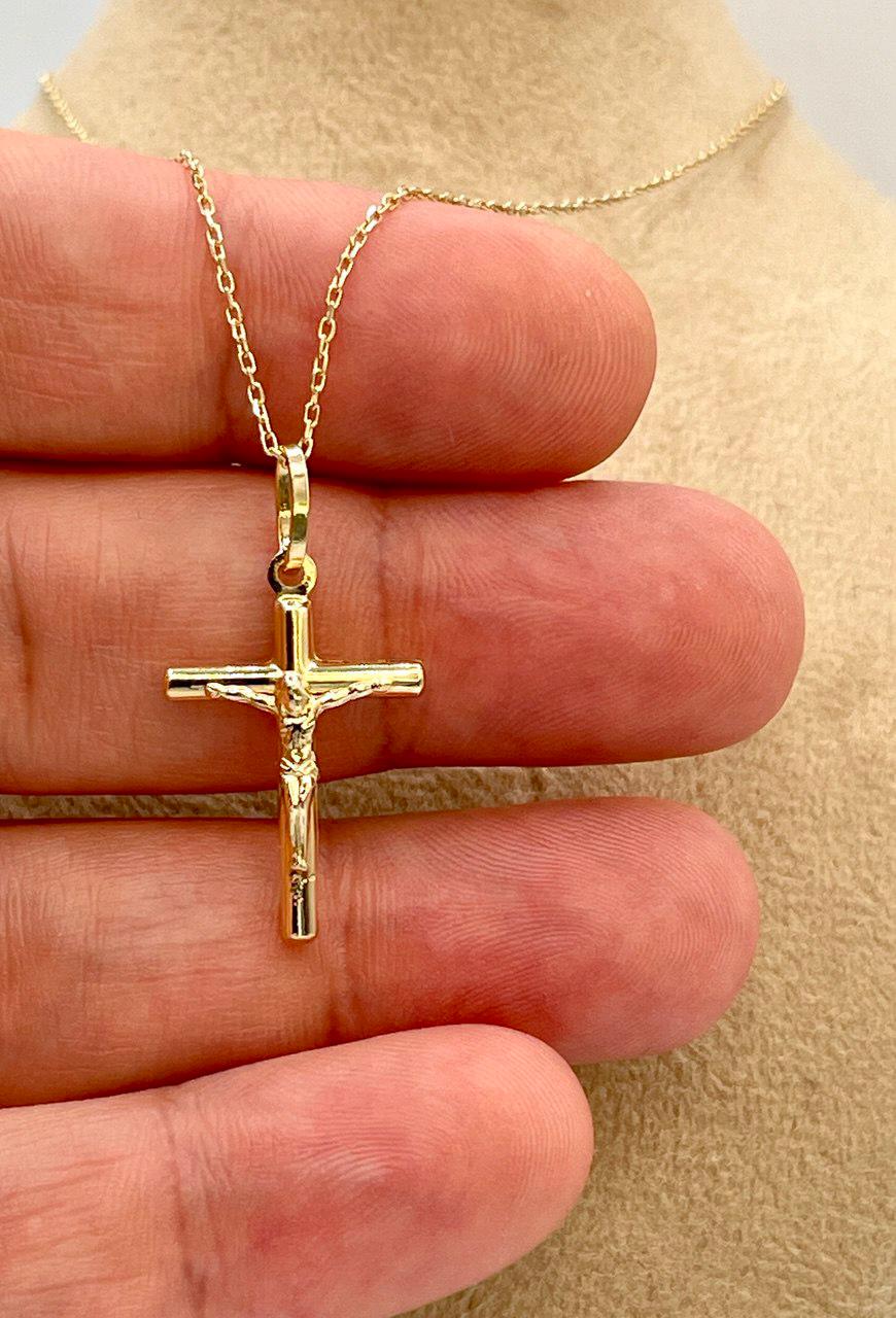 18K Gold Cross Necklace, Crucifix Necklace, Cable Chain Necklace,