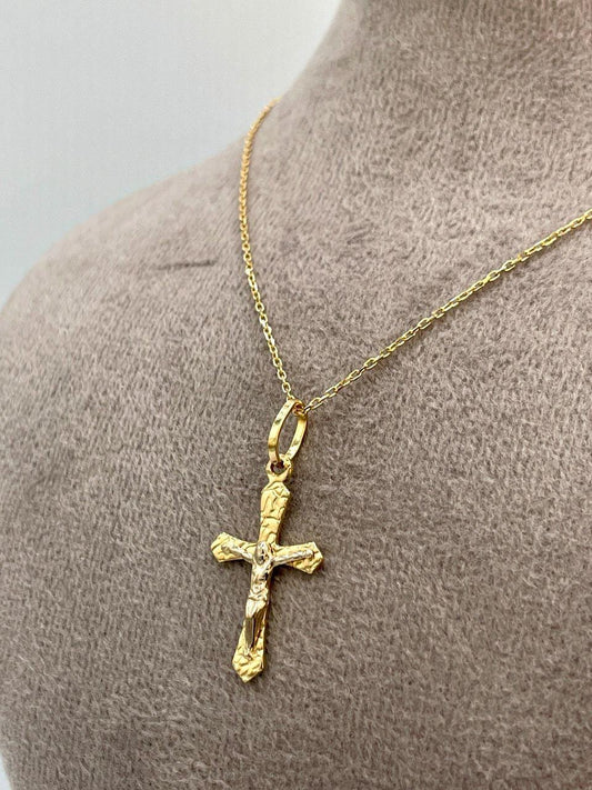 18K Solid Gold Cross and Cable Chain Necklace, Real Gold Crucifix Necklace, Gift For Her/Him Birthday Gift.