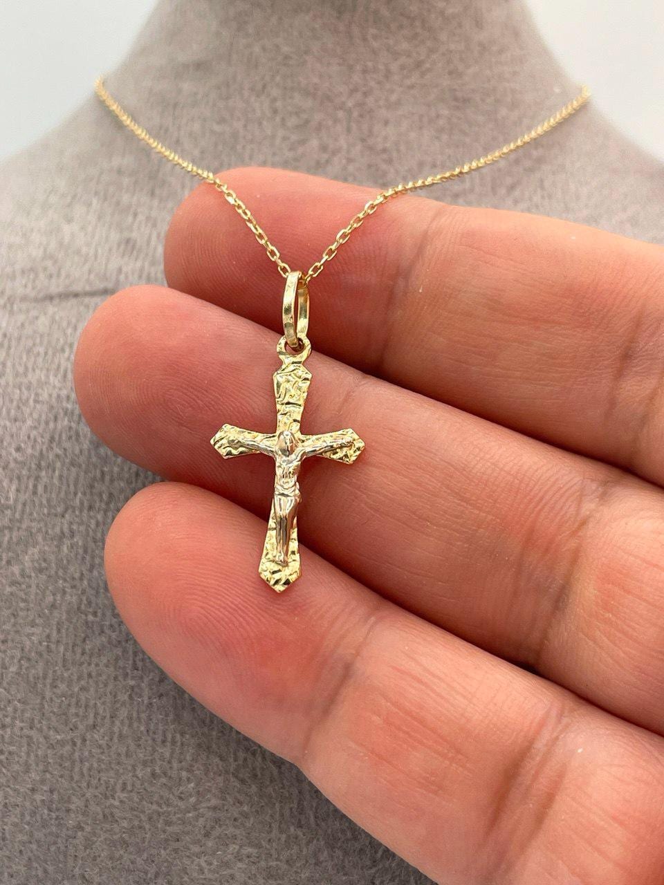 18K Solid Gold Cross and Cable Chain Necklace, Real Gold Crucifix Necklace, Gift For Her/Him Birthday Gift.