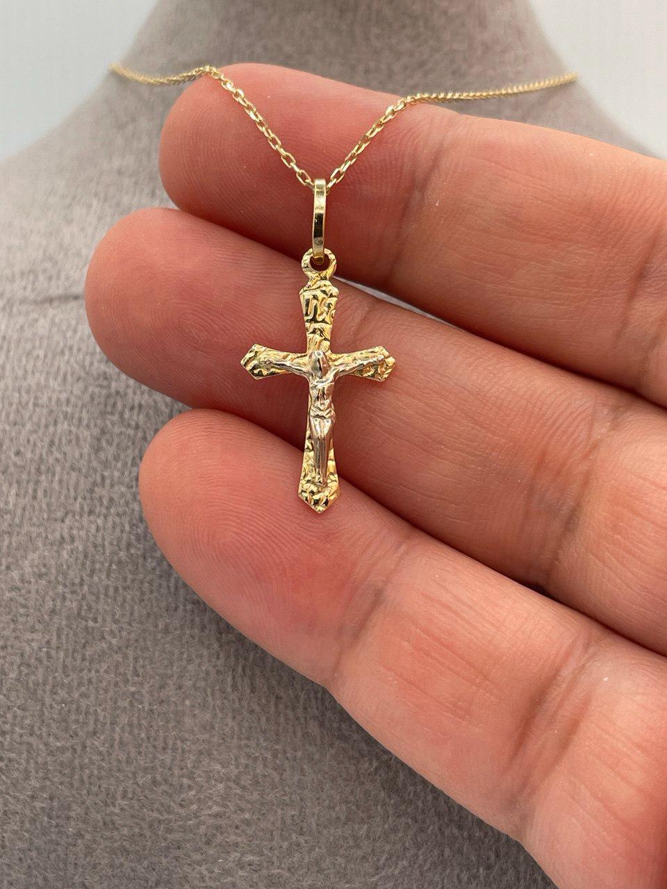 18K Solid Gold Cross and Cable Chain Necklace, Real Gold Crucifix Necklace, Gift For Her/Him Birthday Gift.