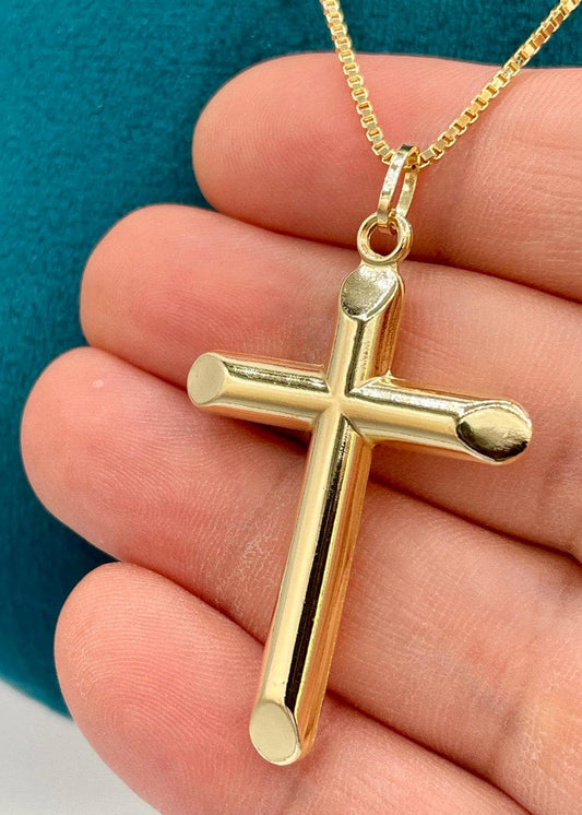 Luxury 18K Solid Gold Cross Pendant with Box Chain_Timeless & Elegant, Sleek Box Chain For Men/Women, Premium Quality Cross (2" inch)Height.
