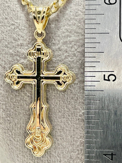 18K GOLD CROSS NECKLACE Real Solid Gold Curb Chain4.5mmThick,Real Gold,Birthday Gift,Christmas Gift,For Him/Her,Gift For Mom,Boyfriend Gift.